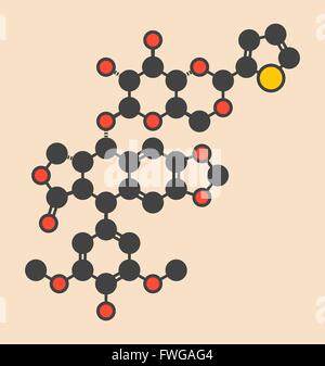 Teniposide cancro molecola di farmaco (topoisomerasi II inibitore) stilizzata di scheletro di formula (struttura chimica) atomi sono mostrati come Foto Stock