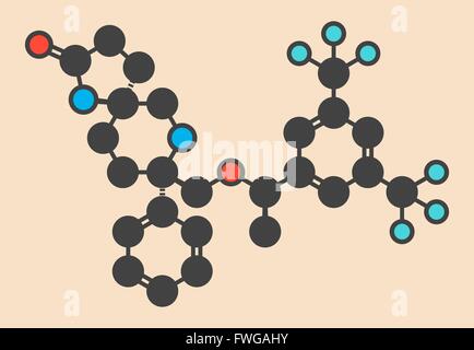 Rolapitant antiemetico nella molecola di farmaco stilizzata di scheletro di formula (struttura chimica) atomi sono mostrati come codificati per colore cerchi: Foto Stock