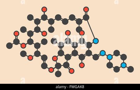 La rifampicina (rifampin rifamicina classe) tubercolosi molecola antibiotico stilizzata di scheletro di formula (struttura chimica) atomi sono Foto Stock