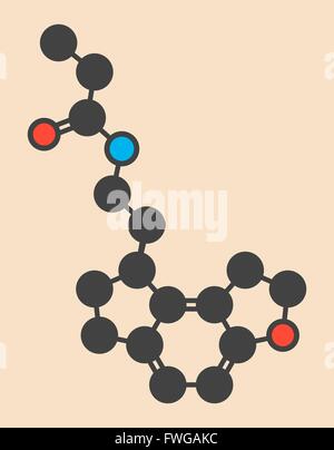 Insonnia Ramelteon molecola di farmaco stilizzata di scheletro di formula (struttura chimica) atomi sono mostrati come codificati per colore cerchi: Foto Stock