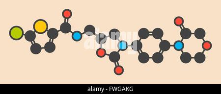 Rivaroxaban farmaco anticoagulante (diretto inibitore del fattore Xa) molecola scheletro stilizzata (formula di struttura chimica) atomi sono Foto Stock