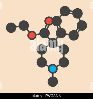 Petidina analgesico oppioide molecola di farmaco stilizzata di scheletro di formula (struttura chimica) atomi sono mostrati come codificati per colore cerchi: Foto Stock