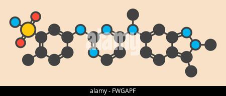 Cancro Pazopanib molecola di farmaco (inibitore della tirosina chinasi classe) stilizzata di scheletro di formula (struttura chimica) atomi sono mostrati Foto Stock