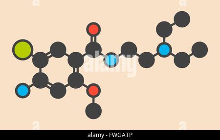 Metoclopramide nausea e vomito farmaco di trattamento molecola scheletro stilizzata (formula di struttura chimica) atomi sono mostrati come Foto Stock