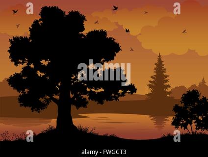 Paesaggio, alberi, fiume e uccelli Illustrazione Vettoriale