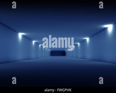 Abstract scuro lungo tunnel vuoto interno con luci blu illuminazione. Digitali 3D render illustrazione Foto Stock