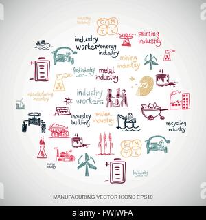 Industria scarabocchi multicolore disegnato a mano le icone del settore impostato su Bianco. EPS10 illustrazione vettoriale. Illustrazione Vettoriale