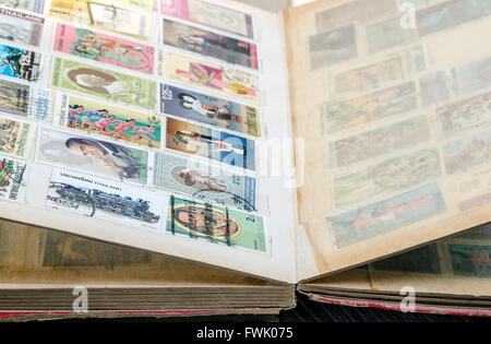 Il vecchio bollo libro in vista ravvicinata,soft focus. Foto Stock