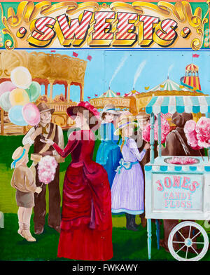 Illustrazione sul lato di una cabina in 1930 Fiera, Black Country Living Museum, Dudley, West Midlands, Regno Unito Foto Stock