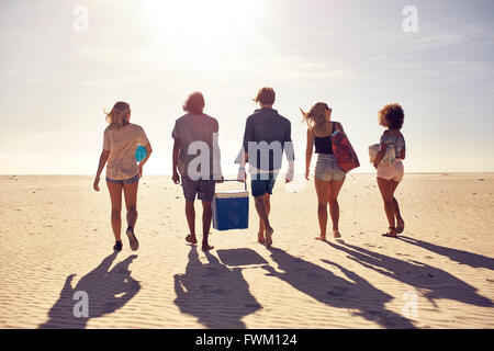 Vista posteriore del ritratto di un gruppo di giovani di camminare sulla spiaggia che porta una scatola dello scambiatore di calore. Giovani uomini e una donna sulla riva del mare. Amico Foto Stock