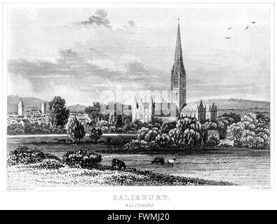 Una incisione di Salisbury, Wiltshire scansionati ad alta risoluzione da un libro stampato intorno al 1845. Ritiene copyright free. Foto Stock