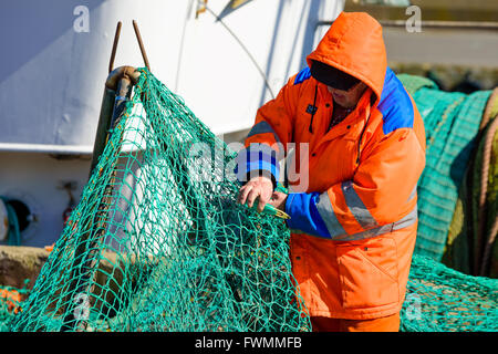 Simrishamn, Svezia - Aprile 1, 2016: pescatore permanente sulla dockside rammendo il suo verde le reti da pesca. Persone reali nella vita di tutti i giorni. Foto Stock