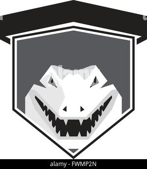Bianco e nero illustrazione di un coccodrillo testa di coccodrillo sorridente insieme all'interno della protezione crest visto dal lato anteriore fatto in stile retrò su sfondo isolato. Illustrazione Vettoriale
