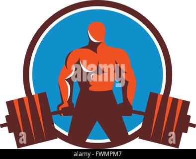 Illustrazione di un weightlifter sollevamento barbell midlift visto dalla serie anteriore cerchio interno fatto in stile retrò. Illustrazione Vettoriale