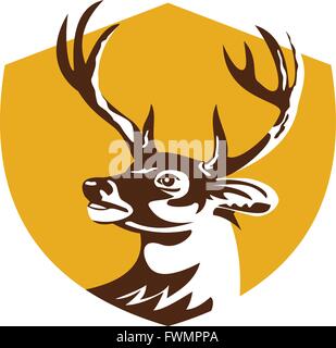 Illustrazione di un culbianco deer buck testa di cervo guardando al lato impostato all'interno della protezione crest fatto in stile retrò. Illustrazione Vettoriale