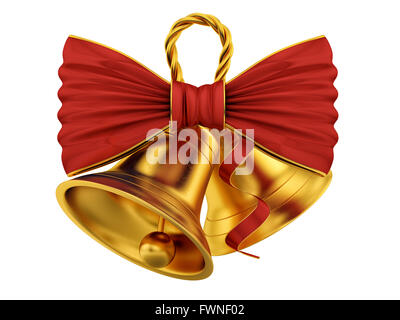 Il rendering dei campanelli d'oro con fiocco rosso, isolato su bianco Foto Stock