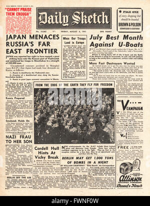 1941 front page schizzo quotidiano Giappone minaccia tedeschi frontiera orientale e British successi contro il tedesco U-barche Foto Stock