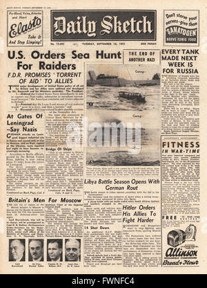 1941 front page Daily Sketch U.S. Marina nella battaglia di Atlantico e British missione a Mosca Foto Stock