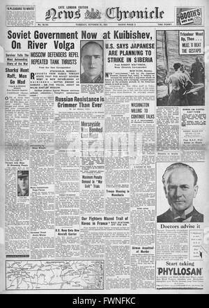 1941 front page News cronaca governo sovietico a Kuibishev, Merseyside bombardato e minaccia giapponese in Siberia Foto Stock