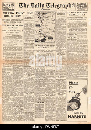 1941 front page Daily Telegraph battaglia per Mosca, U.S. Il segretario di Stato Cordell Hull chiede per la neutralità atto a "essere abrogata o modificata' e sei-potere pacifico accordo anteriore Foto Stock