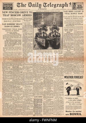 1941 front page Daily Telegraph battaglia per Mosca, U-boat tedesca U-558 siluri cacciatorpediniere americano USS Kearney e RAF bombardamento su Aalesund, Norvegia Foto Stock