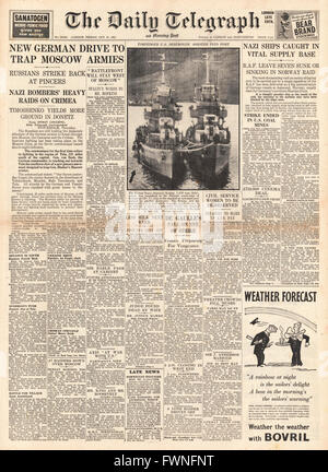 1941 front page Daily Telegraph battaglia per Mosca, U-boat tedesca U-558 siluri cacciatorpediniere americano USS Kearney e RAF bombardamento su Aalesund, Norvegia Foto Stock
