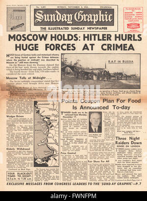 1941 pagina anteriore domenica Graphic esercito tedesco anticipo in Crimea e esercito russo difendere Mosca Foto Stock