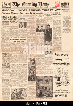 1941 pagina anteriore Evening News (Londra) battaglia per Mosca e la Crimea Foto Stock