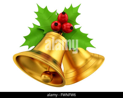 Il rendering dei campanelli d'oro con agrifoglio bacche, isolato su bianco Foto Stock