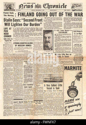 1941 front page News Cronaca Finlandia vuole una cessazione delle ostilità e Stalin chiede un secondo fronte Foto Stock