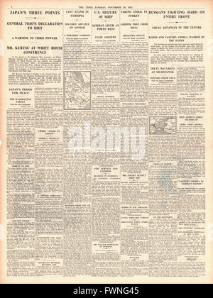 1941 page 4 The Times Tojo pronuncia il discorso alla dieta giapponese, feroci combattimenti in Russia, gli Alleati avanzano su Gondar, gli Stati Uniti Size German Liner Odenwald e Roosevelt in colloqui con Saruru Kurusu e Kichisaburō Nomura Foto Stock