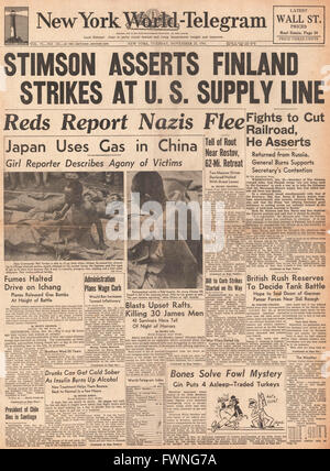 1941 front page New York World telegramma U.S. Il segretario della guerra Stimson critica la Finlandia per aiutare esercito tedesco vicino usa la linea di alimentazione Foto Stock