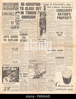 1941 front page Daily Herald battaglia per la Libia e di governo la coscrizione piani Foto Stock