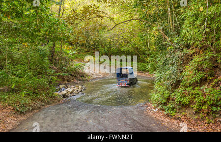 Penisola di OSA, COSTA RICA - Carrello guadi stream su strada sterrata nella foresta di pioggia. Foto Stock