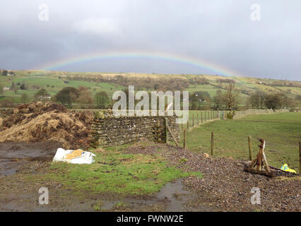 Holwick, Middleton in Teesdale, Co Durham, Regno Unito. Il 6 aprile 2016. Gli acquazzoni di aprile in Teesdale come il sole illumina una drammatica bassa rainbow oltre la lontana collina sopra Newbiggin nel nord Pennine hills. Credito: Kathryn Hext/Alamy Live News Foto Stock