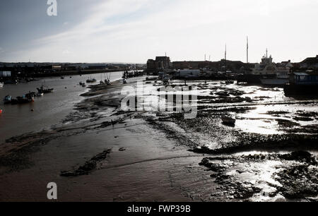 Shoreham, Sussex, Regno Unito. 7 Aprile, 2016. Regno Unito: Meteo sole luccica via il fango con la bassa marea sul fiume Adur a Shoreham dal mare vicino a Brighton questa mattina nella splendida primavera meteo Credito: Simon Dack/Alamy Live News Foto Stock