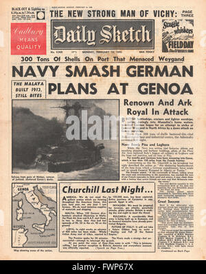 1941 front page Daily Sketch Royal Navy bombardano porto italiano di Genova Foto Stock