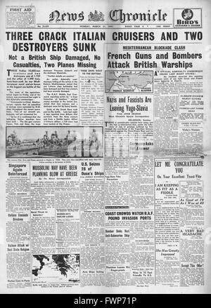 1941 front page News Cronaca della Battaglia di Capo Matapan Foto Stock