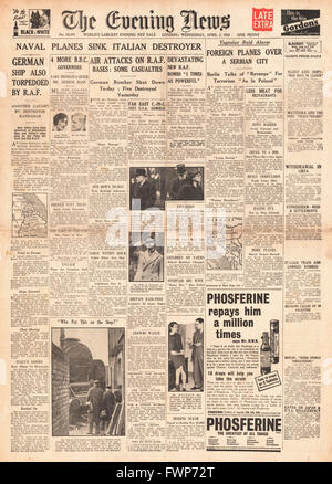 1941 pagina anteriore Evening News Naval piani lavabo cacciatorpediniere italiano Foto Stock