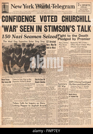 1941 front page New York World telegramma Churchill si impegna a "Lotta per la morte" Foto Stock