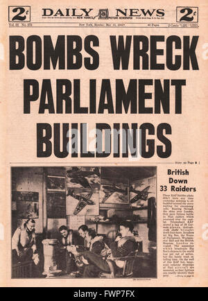 1941 front page Notizie quotidiane di New York il Parlamento danneggiate in Luftwaffe raid Foto Stock