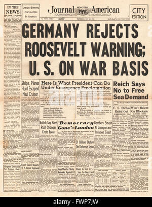 1941 front page New York Journal American Germania respingere Roosevelt avvertenza Foto Stock