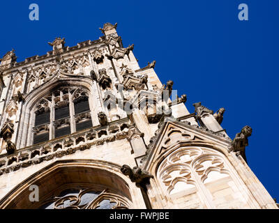 Dettaglio del Doccione su una torre a York Minster contro il cielo blu della città di York Yorkshire Inghilterra Foto Stock