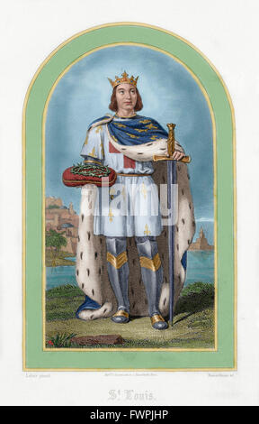 Luigi IX o Saint Louis (1214-1270). Re di Francia. Incisione del XIX secolo. Colorati. Foto Stock