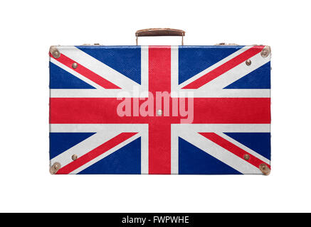 Vintage borsa da viaggio con la bandiera del Regno Unito isolati su sfondo bianco. Foto Stock