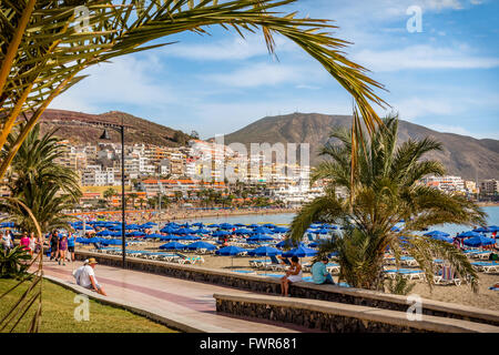 Spiaggia e alberghi, Playa de las vistas di Los Cristianos, Tenerife Foto Stock
