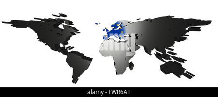 3D-rendering della mappa del mondo su sfondo bianco. L'Europa è al centro di una bandiera europea è visibile. Foto Stock