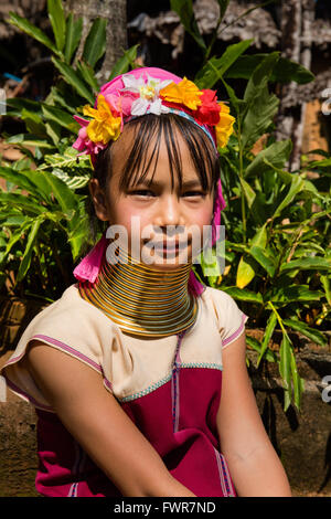 La ragazza da Padaung hilltribe con collo anelli, a collo lungo donna, lungo collo Karen, provincia di Chiang Rai, la Thailandia del Nord Foto Stock