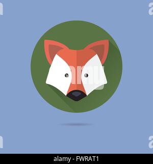 Fox design piatto lungo ombra icona vettore in cerchio pastello su sfondo blu Illustrazione Vettoriale