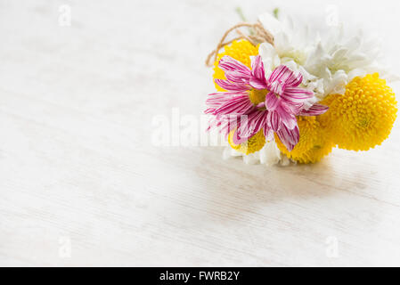 Fiori freschi bouquet su un legno bianco sfondo rustico e luminosa luce Foto Stock